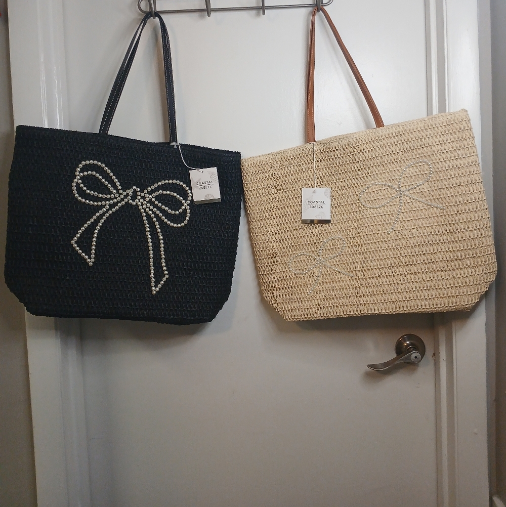 New! Coastal Breeze Large Crochet Look Pearl Bow Trim Beach Tote OS Black Or Tan